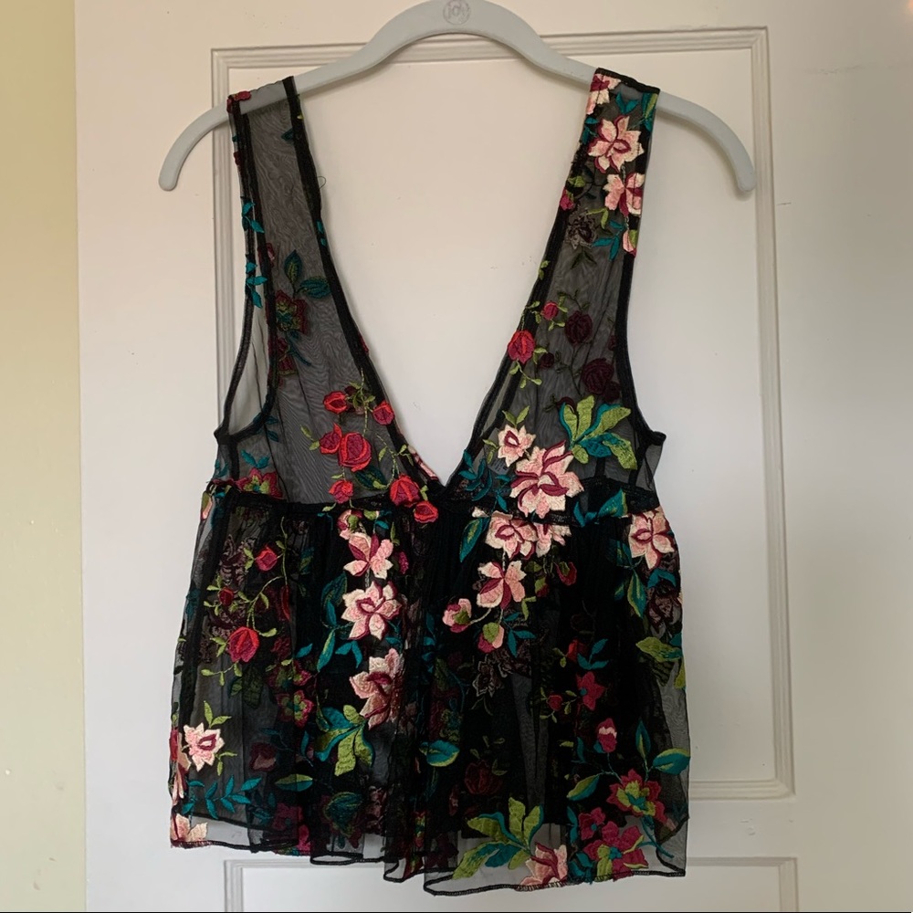 Embroidered Floral Mesh peplum Tank